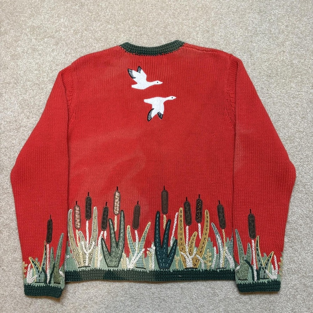 Vtg Orvis Cardigan Sweater Womens Small Red Birds Embroidered Knit Nature 80s - Picture 2 of 9